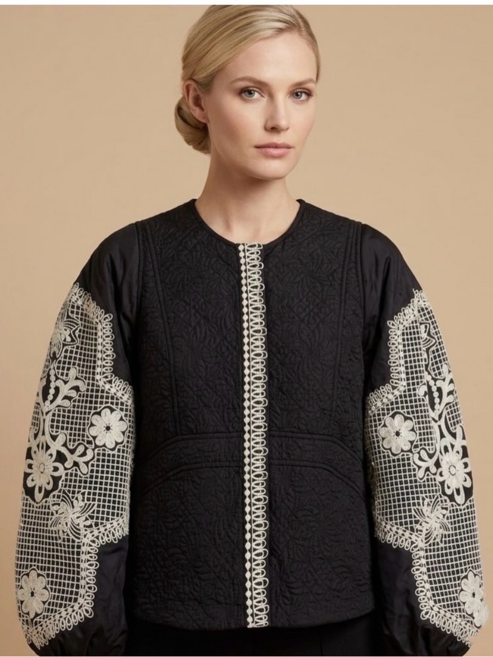 Anthropologie Black Quilted Jacket with Ivory Embroidered Sleeves